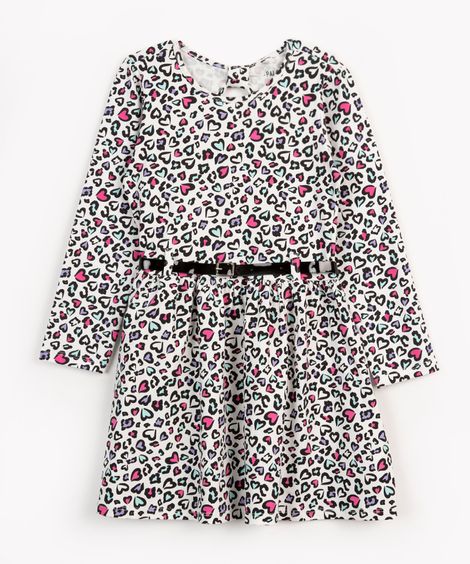 vestido de algodão infantil corações manga longa com cinto off white