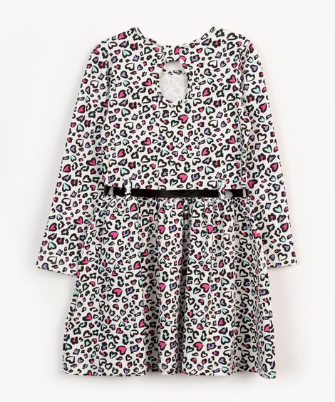 vestido de algodão infantil corações manga longa com cinto off white