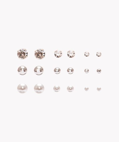 kit de 9 pares de brincos strass esferas pérolas prateado