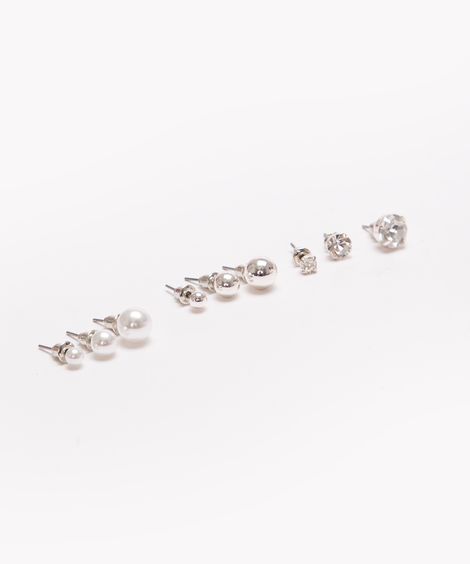 kit de 9 pares de brincos strass esferas pérolas prateado