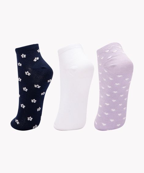 kit de 3 meias corações e florzinhas cano médio multicor