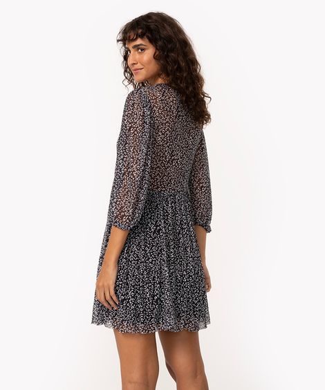 vestido curto de tule animal print manga bufante preto