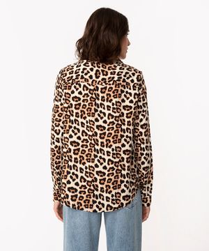 camisa de viscose animal print manga longa bege