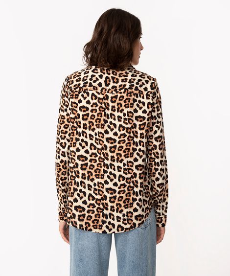 camisa de viscose animal print manga longa bege