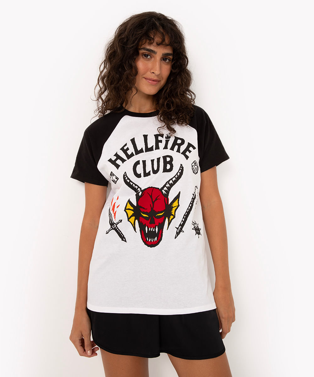 camiseta de algodão manga curta hellfire club stranger things branco