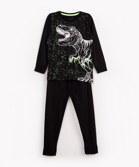 pijama de algodão infantil dinossauro brilha no escuro manga longa preto