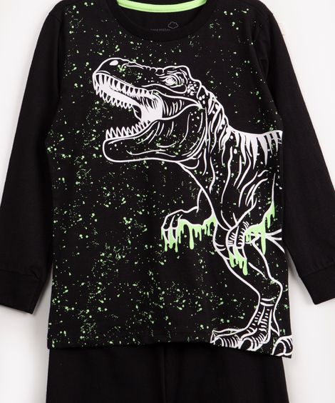 pijama de algodão infantil dinossauro brilha no escuro manga longa preto