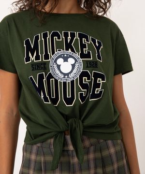 camiseta de algodão manga curta com amarração mickey mouse verde militar