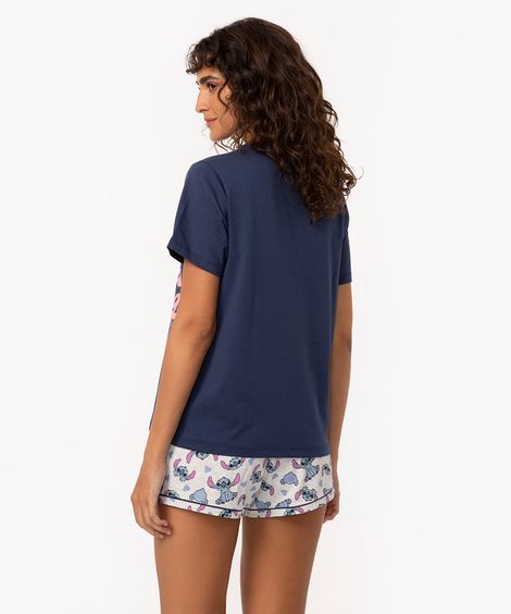 pijama de algodão manga curta com short stitch azul marinho