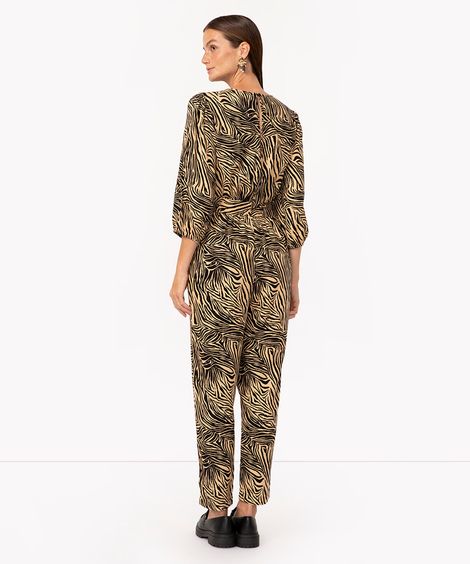 macacão de viscose decote v animal print bege claro