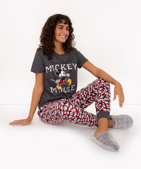pijama de algodão manga curta com calça mickey mouse cinza escuro