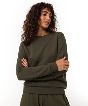 blusa de moletom básica decote redondo verde militar