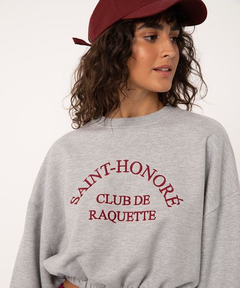 blusa cropped de moletom saint honoré com elástico cinza mescla