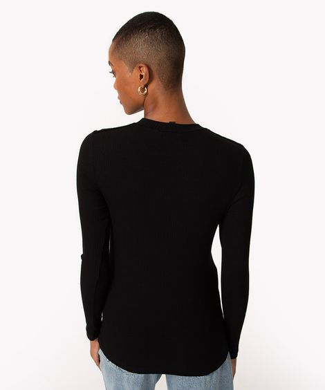 blusa canelada manga longa botões preto