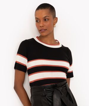 blusa de tricô listrada manga curta preto