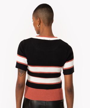 blusa de tricô listrada manga curta preto