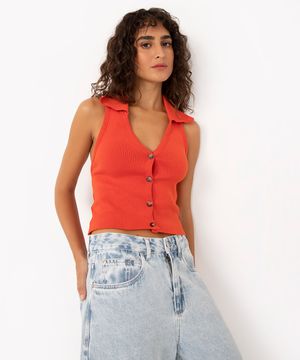 blusa de tricô frente única botões laranja