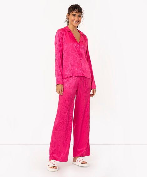 pijama camisa acetinado manga longa rosa