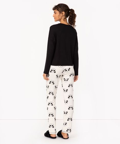 pijama manga longa + calça pandas preto