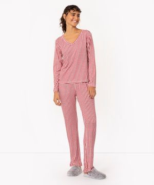pijama manga longa + calça xadrez vichy vermelho