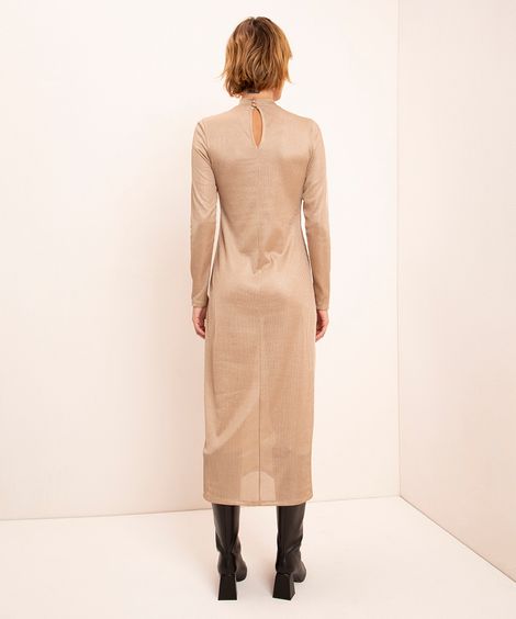 vestido longo canelado com brilho manga longa mindset bege
