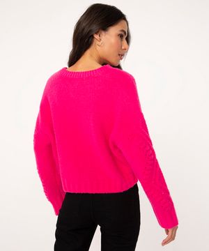 suéter de tricô decote arredondado manga texturizada pink