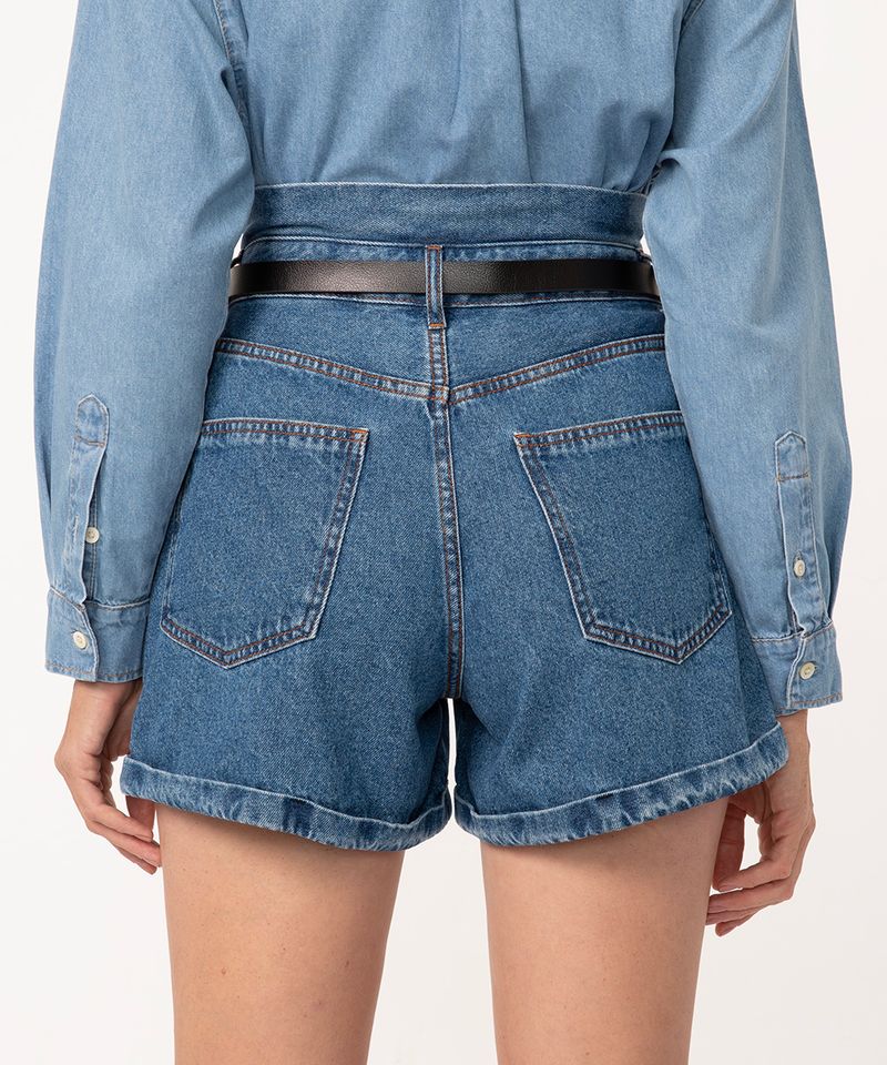 short jeans strass cintura super alta com bolso azul médio - C&A