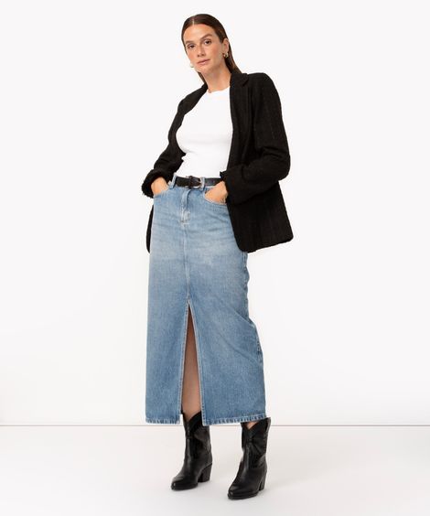 saia jeans midi cintura super alta com fenda azul médio