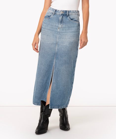 saia jeans midi cintura super alta com fenda azul médio