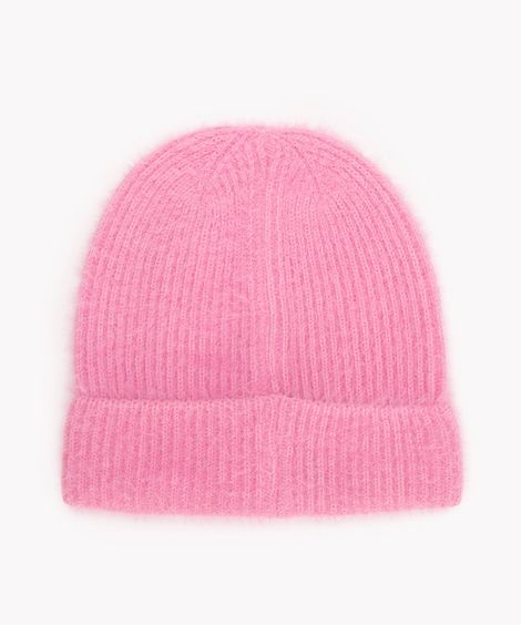 gorro de tricô canelado com pelinho rosa