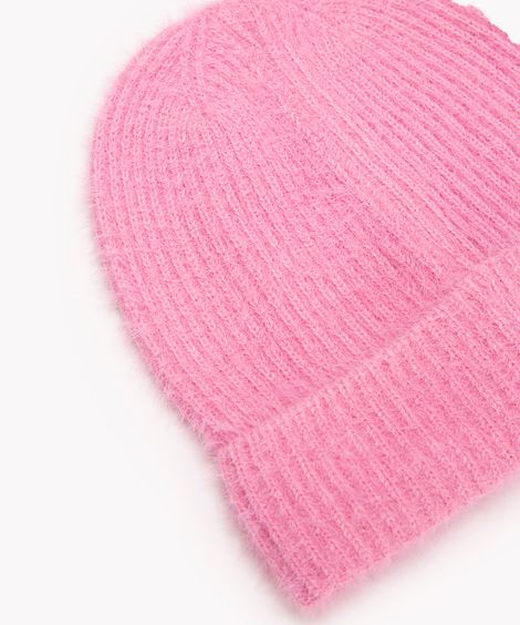 gorro de tricô canelado com pelinho rosa