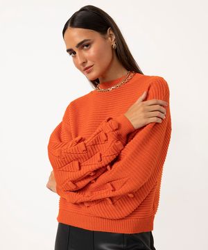 suéter de tricot manga bufante pom pom laranja
