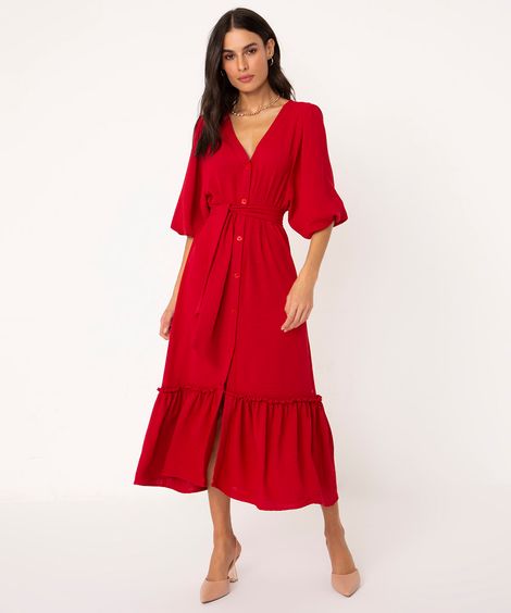 vestido midi texturizado manga bufante vermelho médio