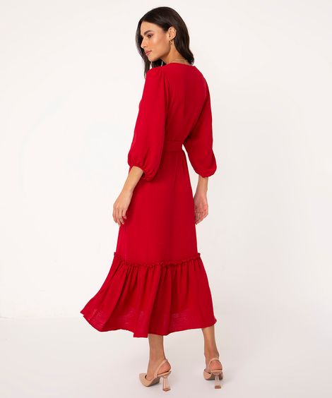 vestido midi texturizado manga bufante vermelho médio