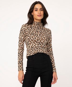 blusa de viscose animal print com franzido gola alta bege