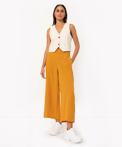 calça wide leg cintura alta com bolsos amarelo