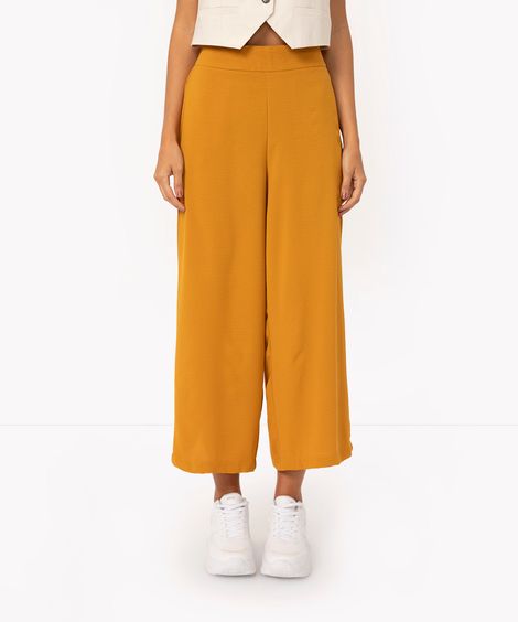 calça wide leg cintura alta com bolsos amarelo