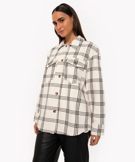 jaqueta shacket xadrez manga longa bege