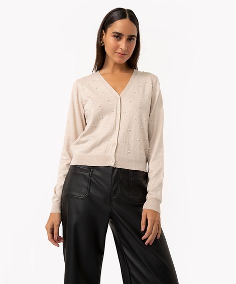 cardigan de tricô com pérolas bege