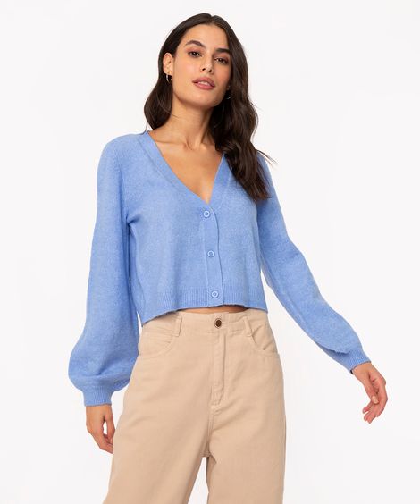 cardigan cropped de tricô com manga bufante azul
