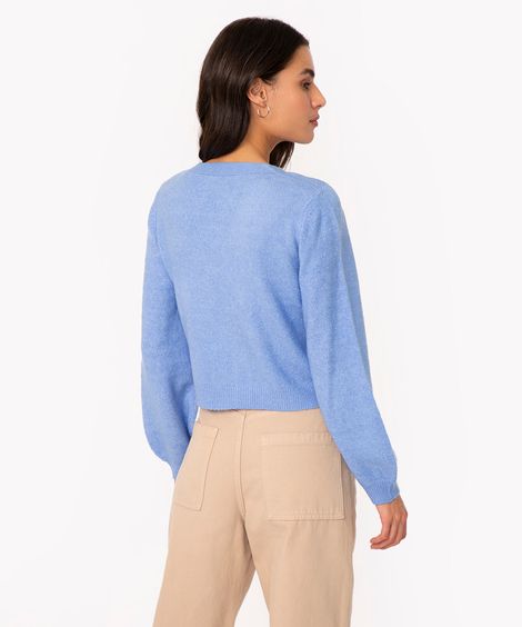 cardigan cropped de tricô com manga bufante azul