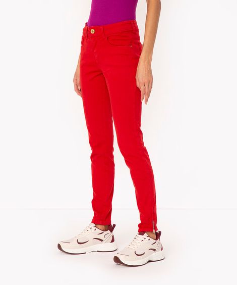 calça skinny de sarja cintura média com zíper na barra vermelha