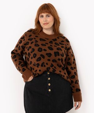 suéter de tricot plus size animal print marrom