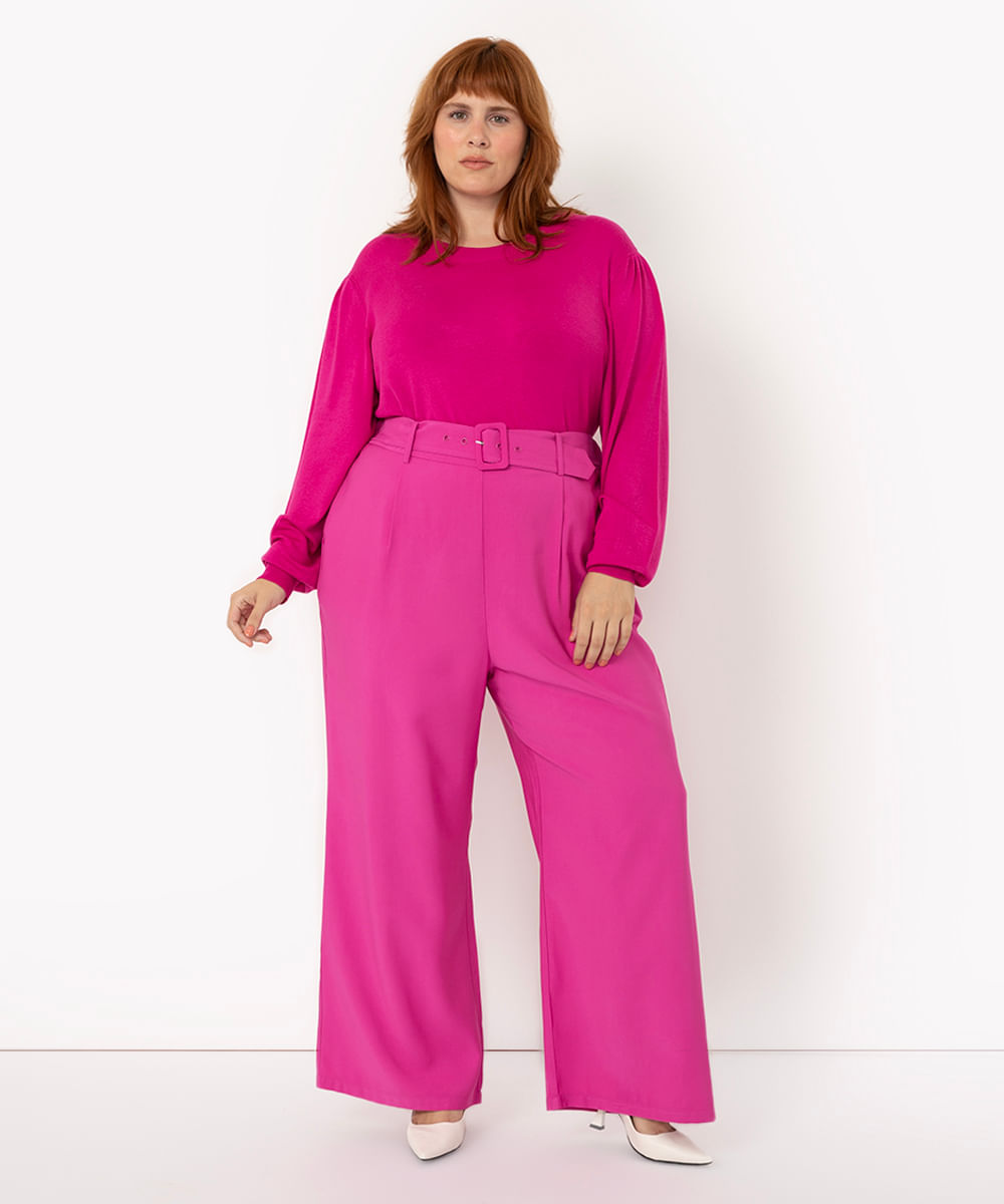 calça plus size wide leg rosa