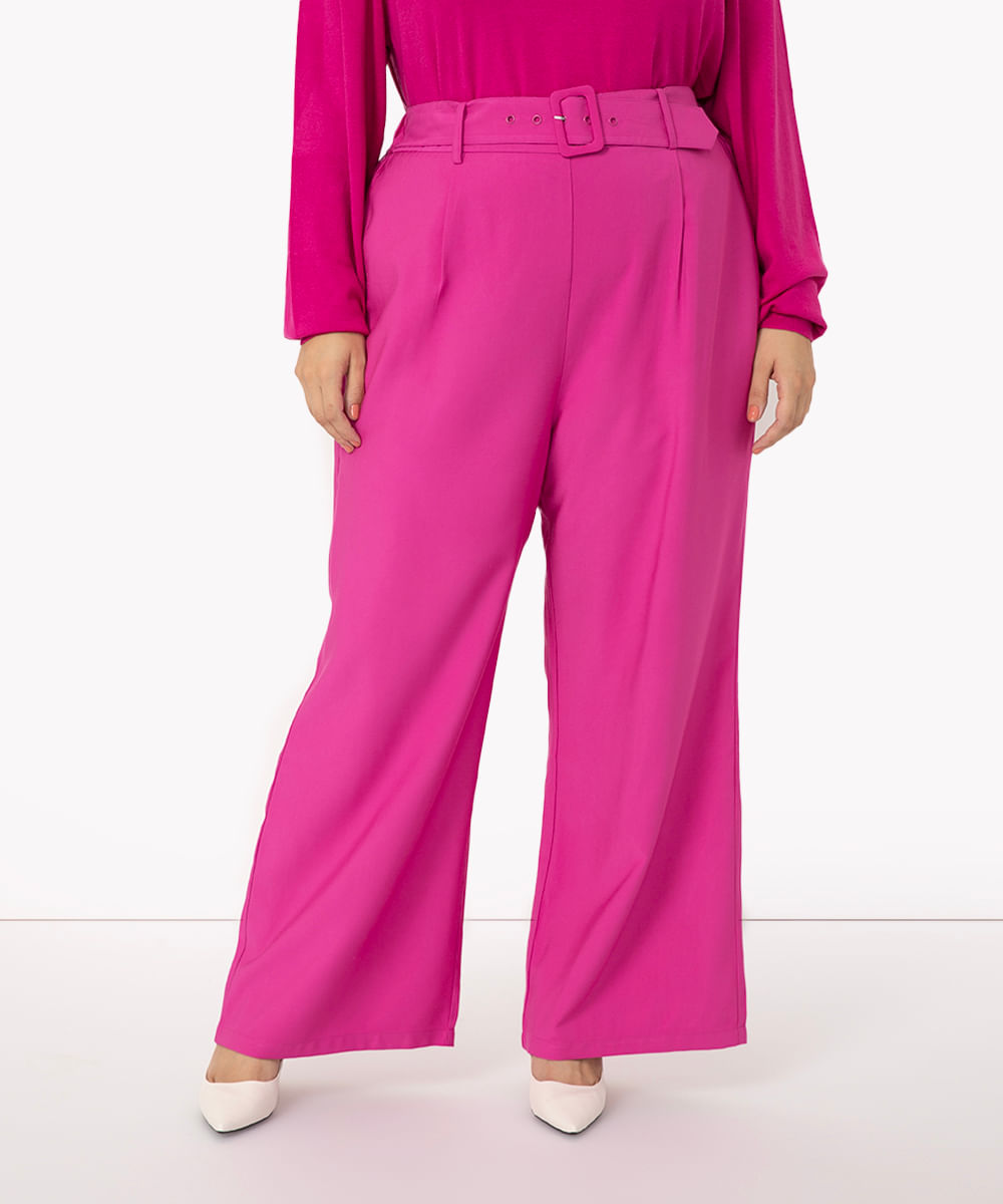 calça plus size de viscose com cinto rosa