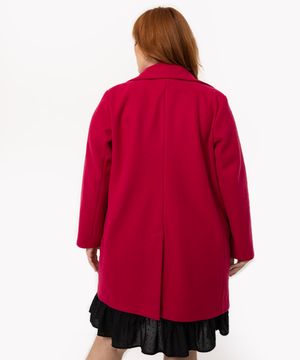 casaco alongado plus size polivelour com bolsos rosa escuro
