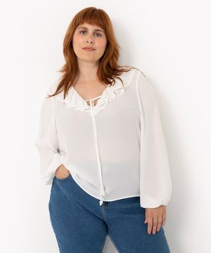 camisa plus size decote babados manga longa off white