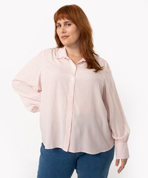 camisa plus size de viscose manga longa listrada rosa