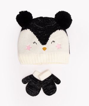 gorro infantil de tricot pinguim com pompom branco