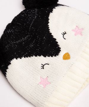 gorro infantil de tricot pinguim com pompom branco